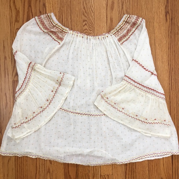 Free People Boho Talia Bell Sleeve Cream Embroidered Peasant Blouse Top - Picture 8 of 16